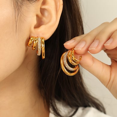 1 Pair Simple Series Retro Geometric Stainless Steel 18K Gold Plated Rhinestone Women Stud Earrings h5 Picture4