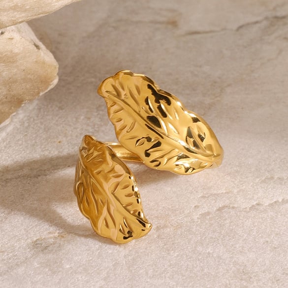 1 Pair Classic Series Classic Plant Stainless Steel 18K Gold Plated Women Adjustable Rings