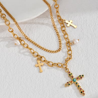 Bracelet à breloques pour femme, série luxueuse, croix quotidienne, en acier inoxydable plaqué or 18 carats, avec perles artificielles h5 Image2