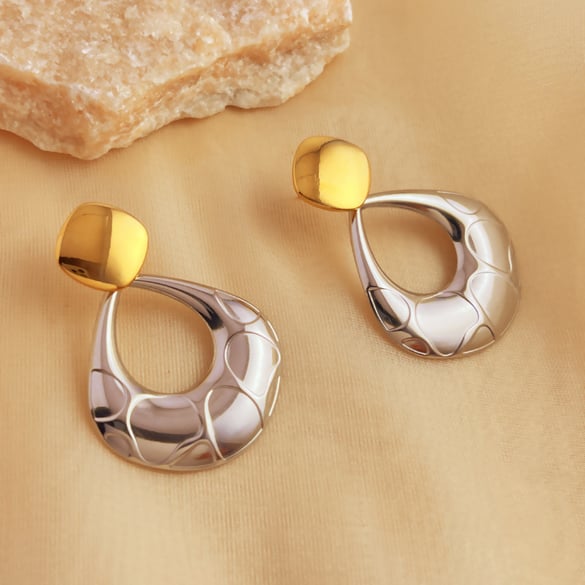 1 paio di orecchini pendenti da donna in acciaio inossidabile color oro con motivo geometrico retrò, serie semplice 2