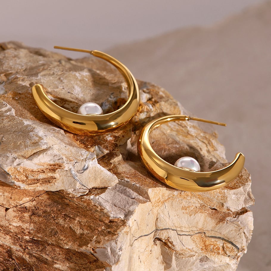 1 Pair Simple Series Elegant Geometric Stainless Steel 18K Gold Plated Artificial Pearl Women Hoop Earrings Picture4