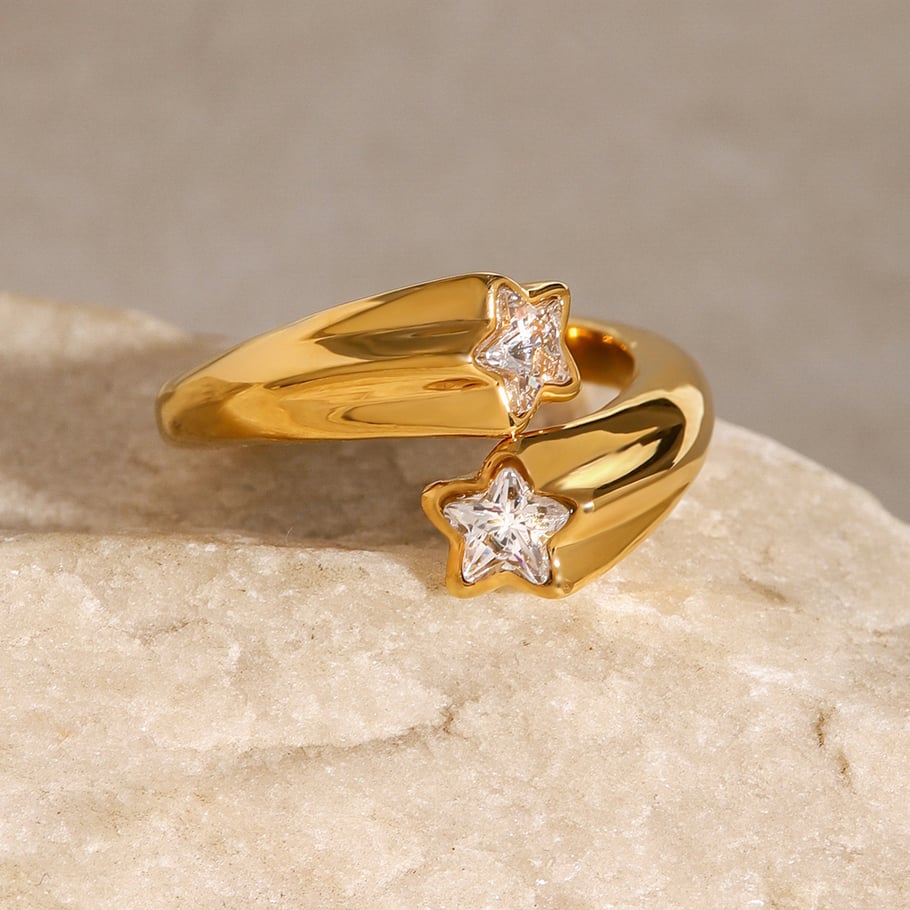 1 Pair Simple Series ins style Pentagram Stainless Steel 18K Gold Plated Rhinestone Women Adjustable Rings Picture5