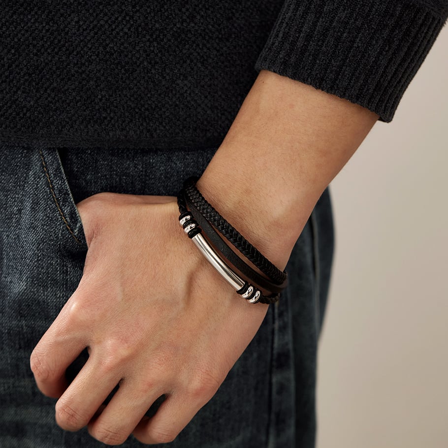 1 Piece Industrial Series Punk Cylinder Three-layers Stainless Steel Men's Bracelets Picture10