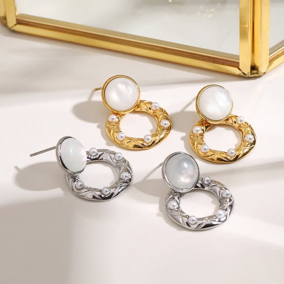 1 paio di orecchini pendenti da donna in acciaio inossidabile color oro con pietre artificiali geometriche retrò, serie semplice 2
