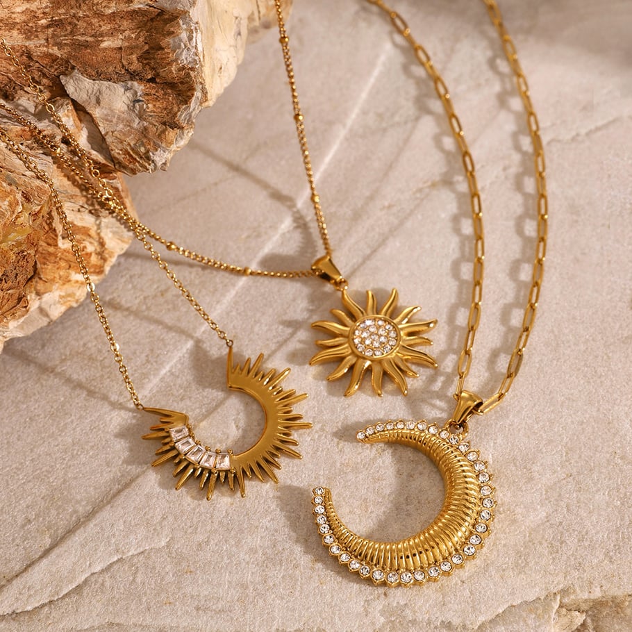 1 Piece Simple Series Punk Sun/Moon Stainless Steel 18K Gold Plated Rhinestone Women Pendant necklaces Picture3