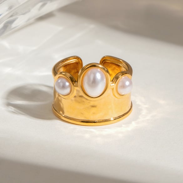 1 Pair Ethnic Series Retro Geometric Stainless Steel 18K Gold Plated Artificial Pearl Women Adjustable Rings