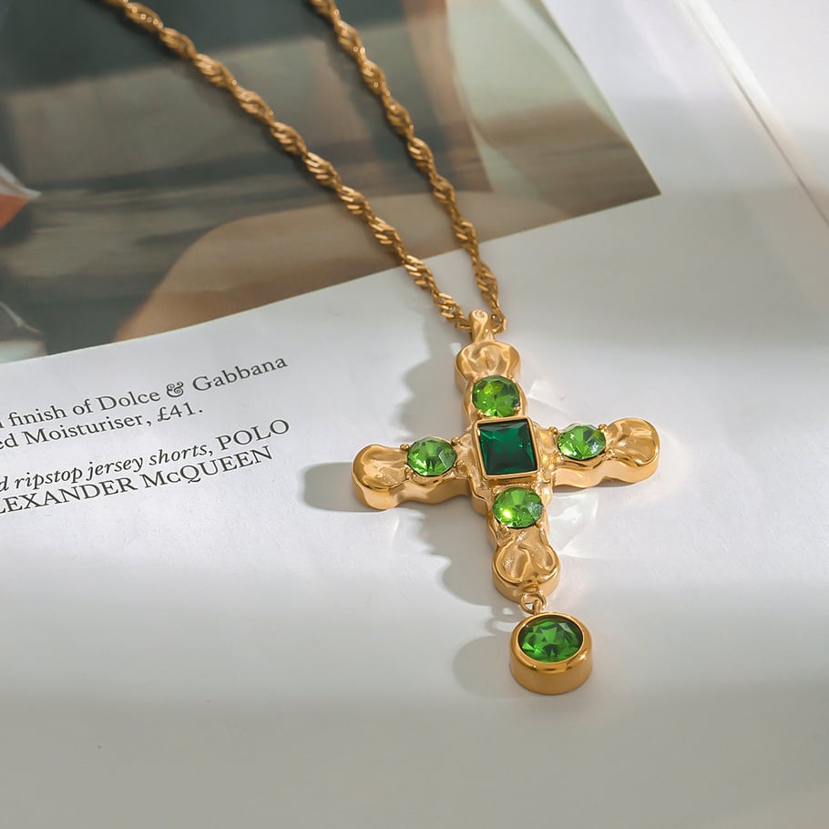 1 Piece Exquisite Series Fashionable Green Cross Stainless Steel Gold Color Women's Pendant Necklaces Picture5
