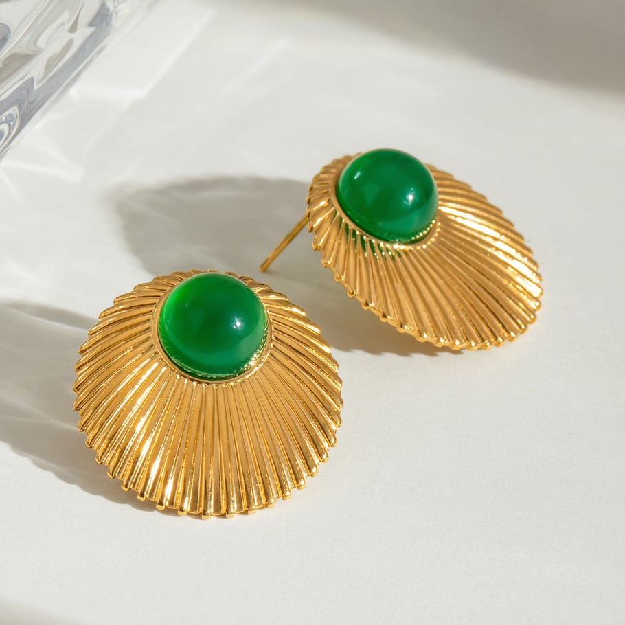 1 Pair Luxurious Series Classic Vintage Annular Stainless Steel Gold Color Natural Stone Women's Stud Earrings Picture4