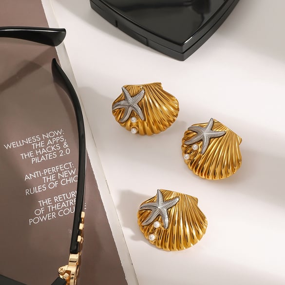 1 paire de bagues ajustables pour femme, série romantique, coquillage naturel, acier inoxydable plaqué or 18 carats, perles artificielles