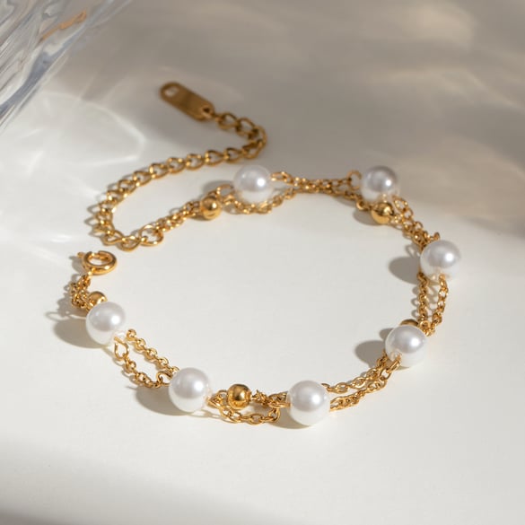 1 Piece Luxurious Series Classic Beads Stainless Steel Gold Color Women's Beaded Bracelets