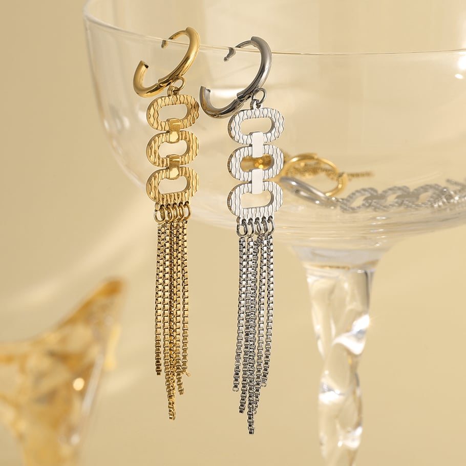 1 Pair Sophisticated Series Sleek Oval Tassel Titanium Steel Gold Color Women's Drop Earrings Picture3