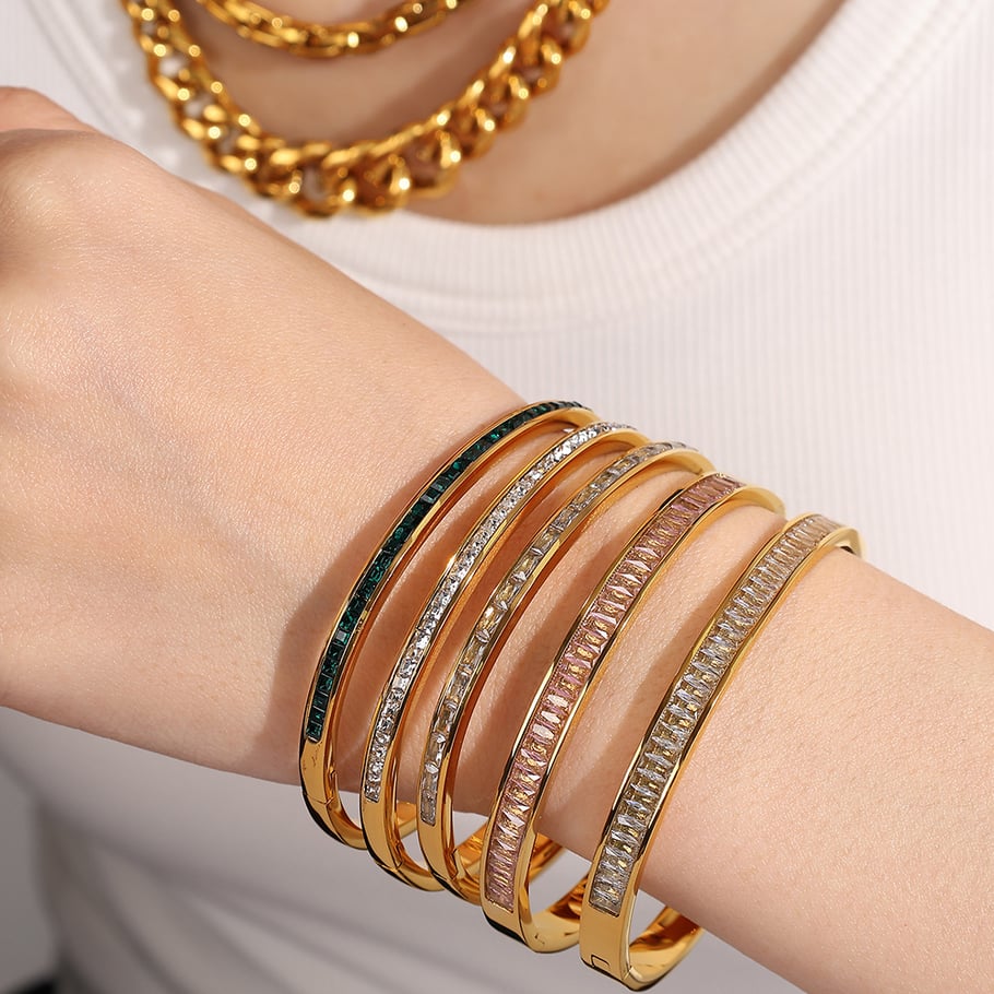 1 Stück Simple Series Klassische geometrische Edelstahl Goldfarben Strass Damen Armreifen Bild3
