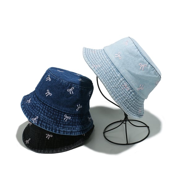 1 Piece Denim Bow Embroidered Fisherman Hat 2