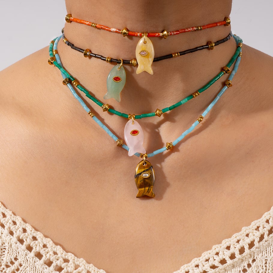 1 Piece Polychrome Series Vacation Fish Stainless Steel Gold Color Natural Stone Women's Beaded Necklaces Picture4
