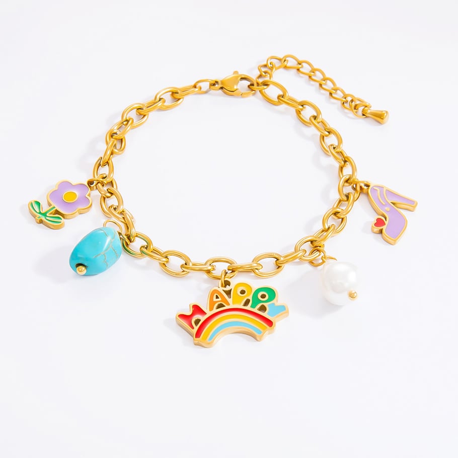 Pulseras con dijes de acero inoxidable dorado con diseño de flores románticas para mujer, 1 unidad Imagen3