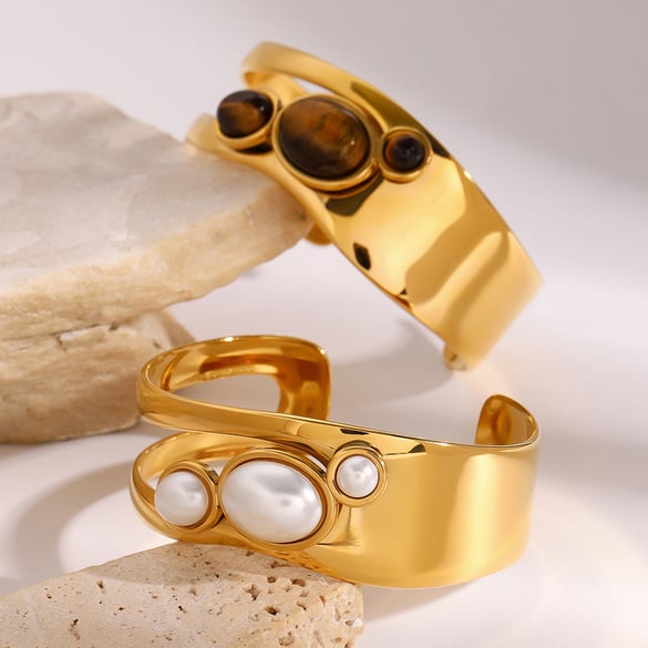 1 Stück Simple Series Elegante Perlen Edelstahl 18 Karat vergoldet Kunstperlen Damen Armreifen 2