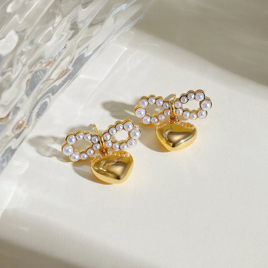 ins style 18k gold stainless steel pearl bow heart pendant earrings do not fade anti-allergic trendy all-match accessories Picture3