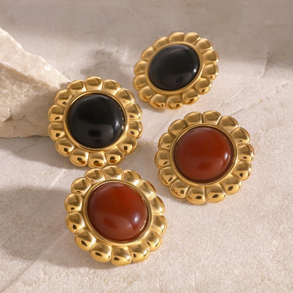 1 Pair Simple Series Retro Flower Stainless Steel 18K Gold Plated Women Stud Earrings 2
