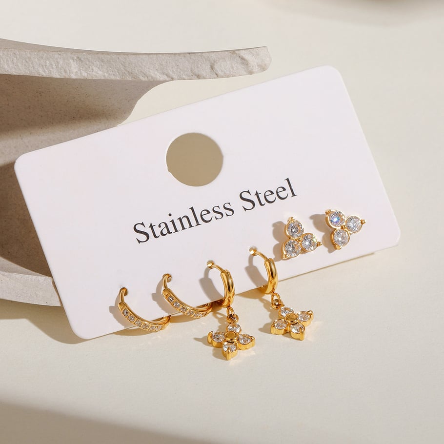 1 Paar Simple Series Klassisches geometrisches Edelstahl-Ohrring-Set mit 18 Karat vergoldetem Zirkonia für Damen Bild3
