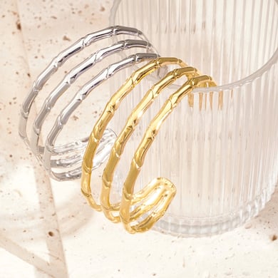 1 Piece Dazzling Series Classic Strip Three-Layers Stainless Steel Gold Color Women's Bangles h5 Picture5