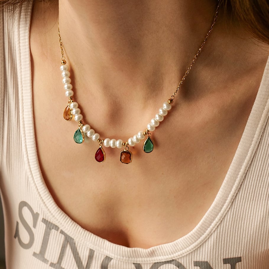 1 Stück Simple Series Elegante Perlen Edelstahl 18 Karat vergoldet Perlen Damen Perlenketten Bild4