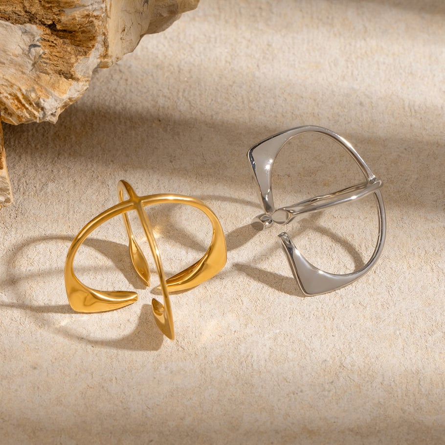 1 paar eenvoudige serie eenvoudige geometrische roestvrijstalen 18K vergulde dames verstelbare ringen Afbeelding6