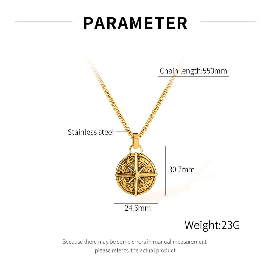 Collares versátiles de acero inoxidable dorado con brújula retro para hombre Imagen9