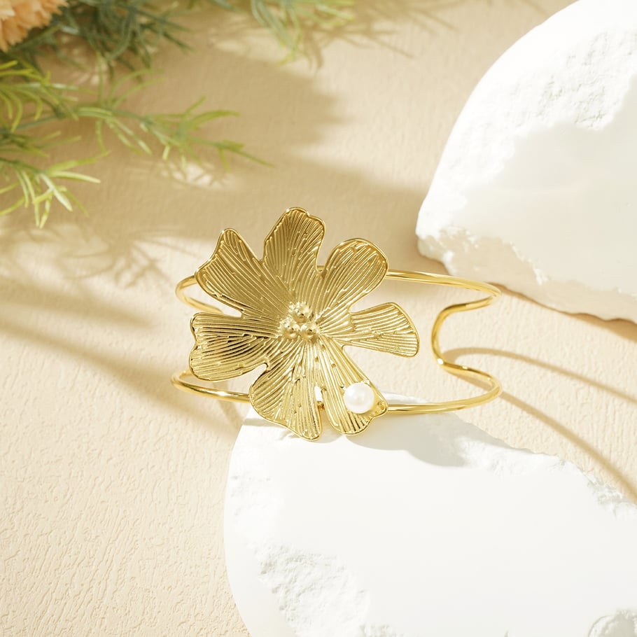 1 Piece Romantic Series Natural Irregular Flower Shape Stainless Steel Gold Color Women's Bangles Picture4