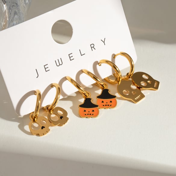 1 Pair Simple Series Punk Skull Stainless Steel 18K Gold Plated Women Earrings set