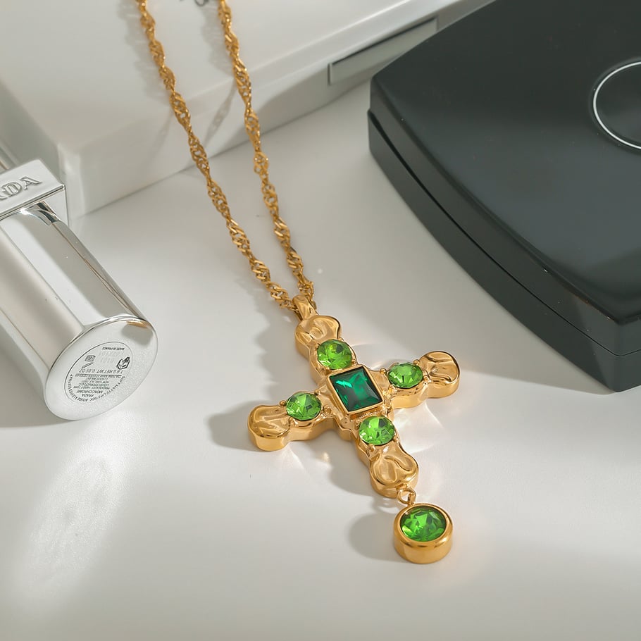1 Piece Exquisite Series Fashionable Green Cross Stainless Steel Gold Color Women's Pendant Necklaces Picture9