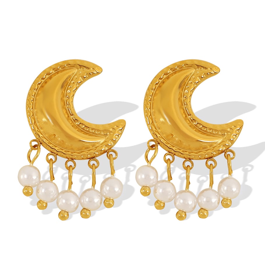 1 Pair Classic Series Retro Sun/Moon Stainless Steel 18K Gold Plated Artificial Pearl Women Stud Earrings Picture6