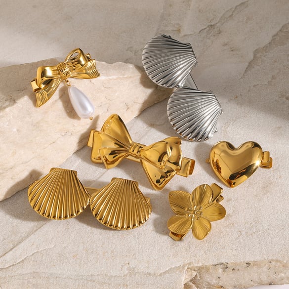 Cross-border 18k gold stainless steel hairpin female ins internet celebrity same style light luxury high-end shell bow titanium steel hairpin 2