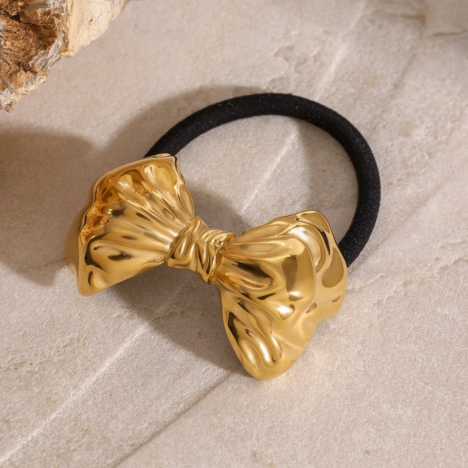 1 paio di fasce per capelli da donna in acciaio inossidabile placcato oro , serie semplice, con fiocco retrò h5Immagine3