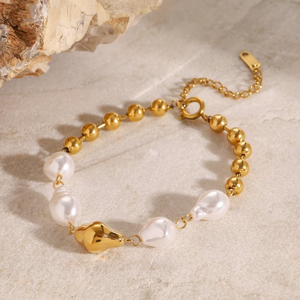 1 Stück Klassische Serie Elegante Perlen Edelstahl 18 Karat vergoldet Kunstperlen Damen Perlenarmbänder 2