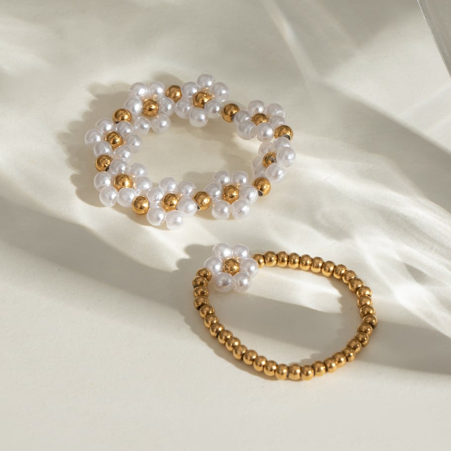1 Pair Classic Series Elegant Flower Stainless Steel 18K Gold Plated Artificial Pearl Women Adjustable Rings Picture3