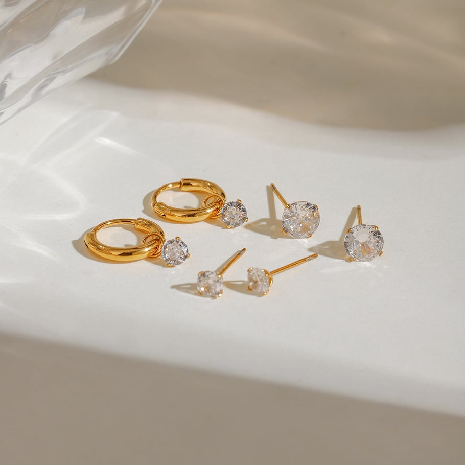 1 Paar Ohrringe Set aus süßen geometrischen Zirkonia-Steinen aus Edelstahl der Simple Series, 18 Karat vergoldet Bild4