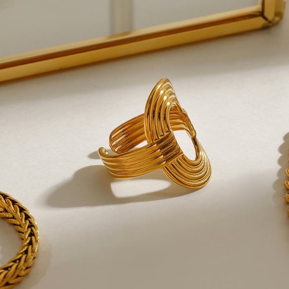 1 Piece Classic Series Stylish Oval Line Stainless Steel Gold Color Women's Adjustable Rings 2