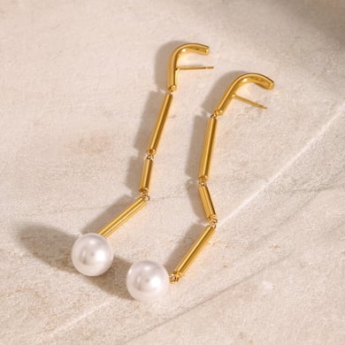 1 Pair Classic Series Europe and America line Stainless Steel 18K Gold Plated Artificial Pearl Women Drop Earrings h5 Picture3