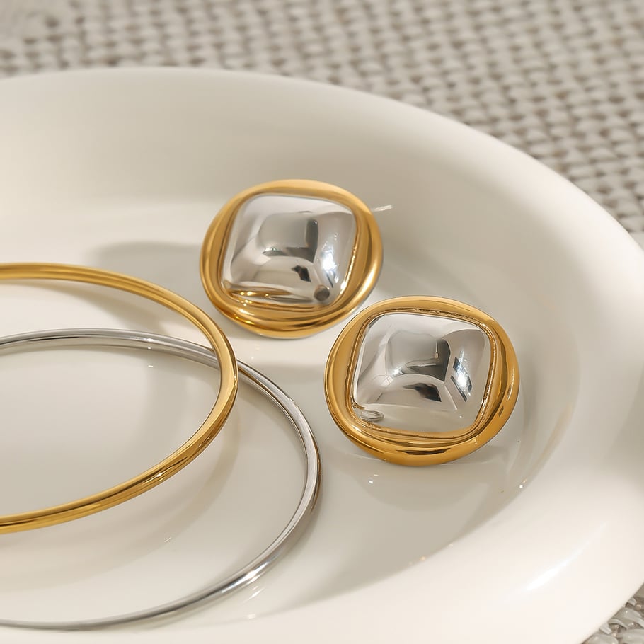 1 Pair Simple Series Modern Quadrilateral & Annular Shape Stainless Steel Gold Color Women's Stud Earrings Picture8