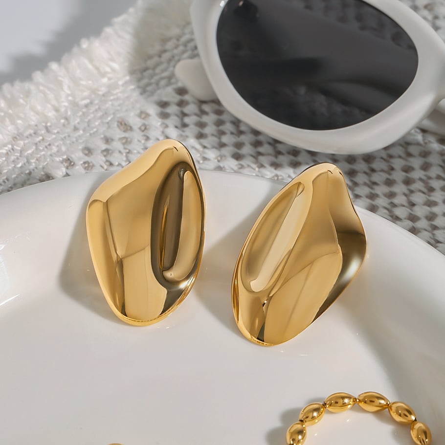 1 par de pendientes de botón de acero inoxidable irregulares de color dorado para mujer, serie simple, Europa y América Imagen7
