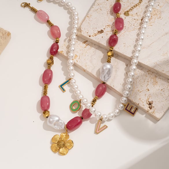 1 Piece Romantic Series Delicate Love Letter Stainless Steel Gold Color Women's Beaded Necklaces