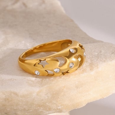 Anillos individuales de acero inoxidable dorados para mujer, de la serie lujosa de Europa y América, con diseño de luna. h5 Imagen7