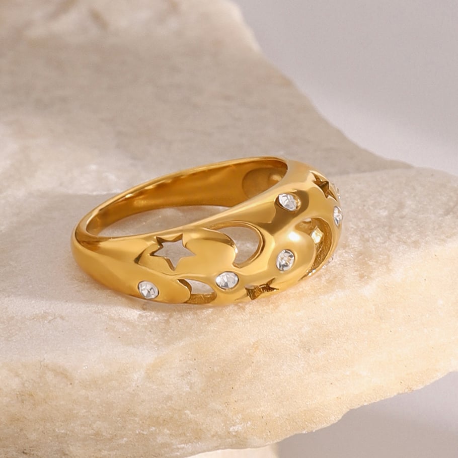 Anillos individuales de acero inoxidable dorados para mujer, de la serie lujosa de Europa y América, con diseño de luna. Imagen7
