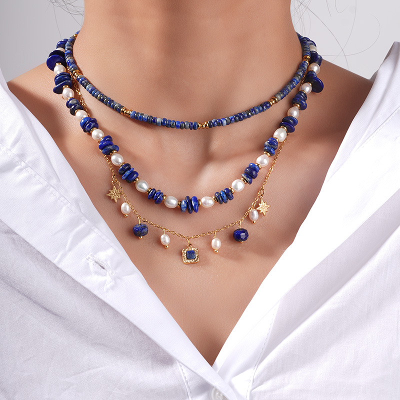 1 Piece Sophisticated Series Bohemian Stainless Steel Gold Color Blue Natural Stone BeadsWomen's Beaded Necklaces Picture7