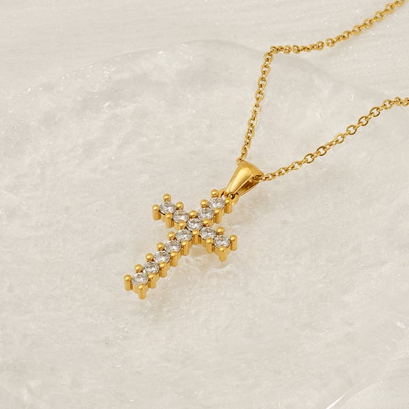 Collier pendentif unisexe en acier inoxydable plaqué or 18 carats, série Simple Daily Cross, 1 pièce 2