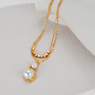 Collier élégant géométrique en acier inoxydable plaqué or 14 carats avec perles artificielles pour femme, série classique, 1 pièce h5 Image3