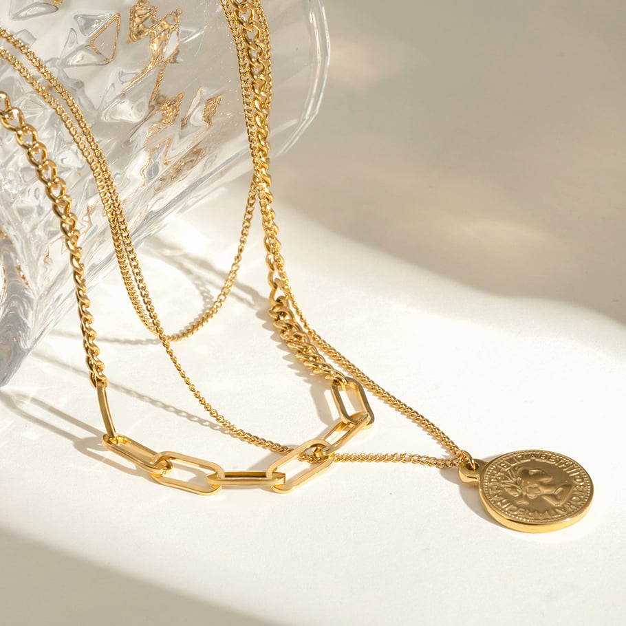 1 Stück Simple Series Klassische gravierte Edelstahl 18 Karat vergoldete Damen-Mehrfachketten Bild3