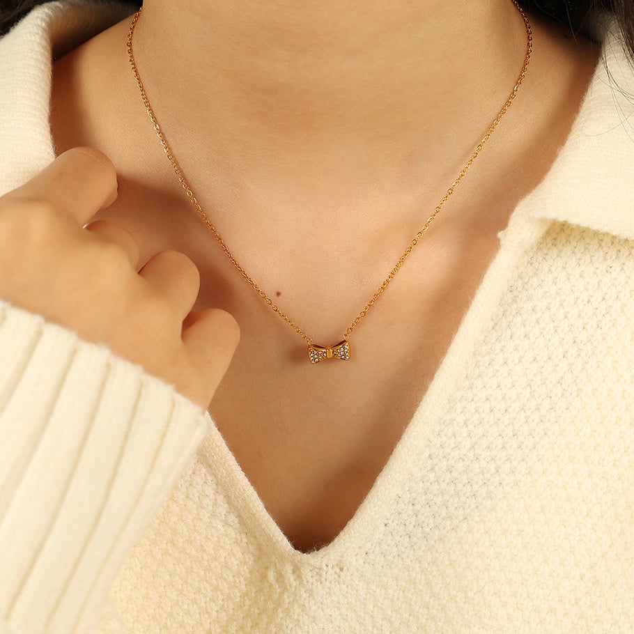 1 Piece Simple Series Sweet Bow Knot Stainless Steel 18K Gold Plated Rhinestone Women Pendant Necklaces Picture5