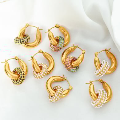 1 Pair Luxurious Series Retro Geometric Stainless Steel 18K Gold Plated Zircon Women Hoop Earrings h5 Picture3