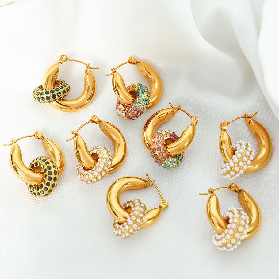 1 Pair Luxurious Series Retro Geometric Stainless Steel 18K Gold Plated Zircon Women Hoop Earrings Picture3